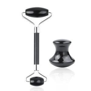 Black Obsidian Facial Masssage Roller Mushroom Shaped Gua sha Tool Set (without box)
