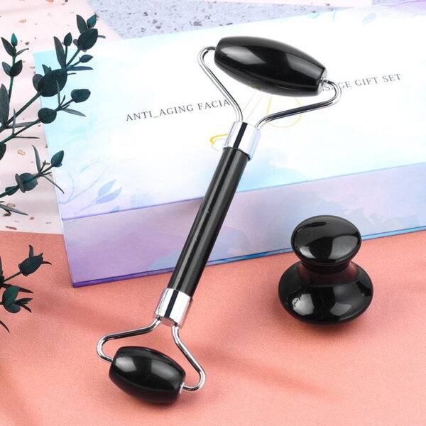 Black Obsidian Facial Masssage Roller Mushroom Shaped Gua sha Tool Set (without box) - Image 4