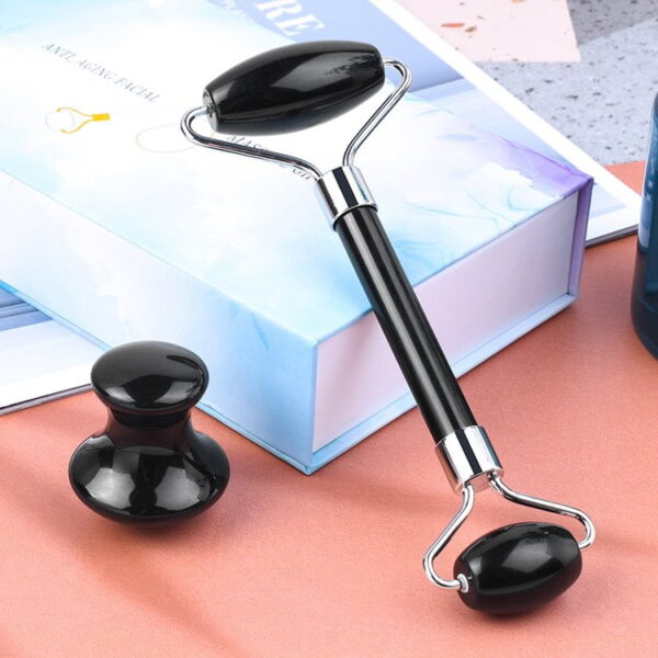 Black Obsidian Facial Masssage Roller Mushroom Shaped Gua sha Tool Set (without box) - Image 5
