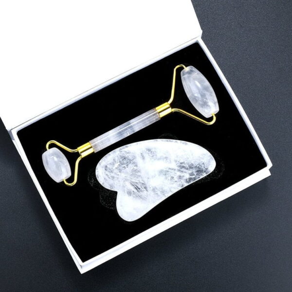Clear Quartz Facial Masssage Jade Roller Gua Sha Tool Set - Image 2