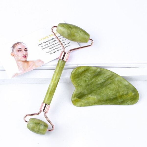 Natural Green Jade Stone Jade Roller and V Shaped Gua Sha Set - Image 4