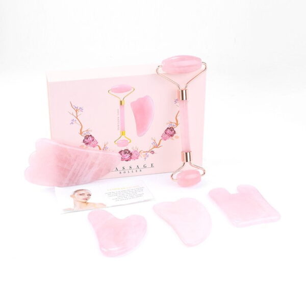 Rose Quartz Roller Gua Sha Stone Set Jade Roller and V Shaped Guasha Scraper - Image 3