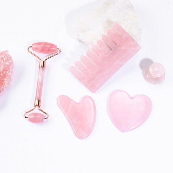 Rose Quartz Roller Gua Sha Stone Set Jade Roller and V Shaped Guasha Scraper - Image 4