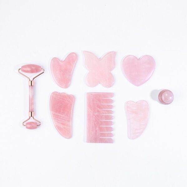 Rose Quartz Roller Gua Sha Stone Set Jade Roller and V Shaped Guasha Scraper - Image 5
