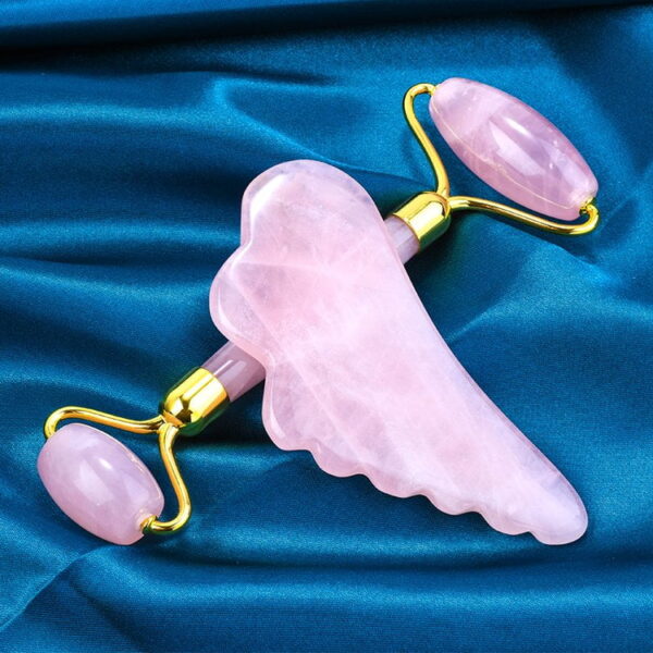Rose Quartz Face Roller and Wing Shaped Gua Sha Stone - Image 3