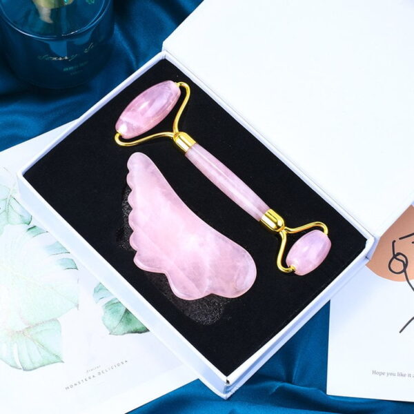 Rose Quartz Face Roller and Wing Shaped Gua Sha Stone - Image 4