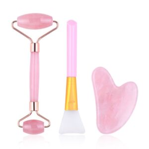 Rose Quartz Jade Roller Gua Sha Set with Mask Brush for Face Beauty Massage