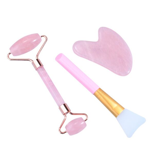 Rose Quartz Jade Roller Gua Sha Set with Mask Brush for Face Beauty Massage - Image 4