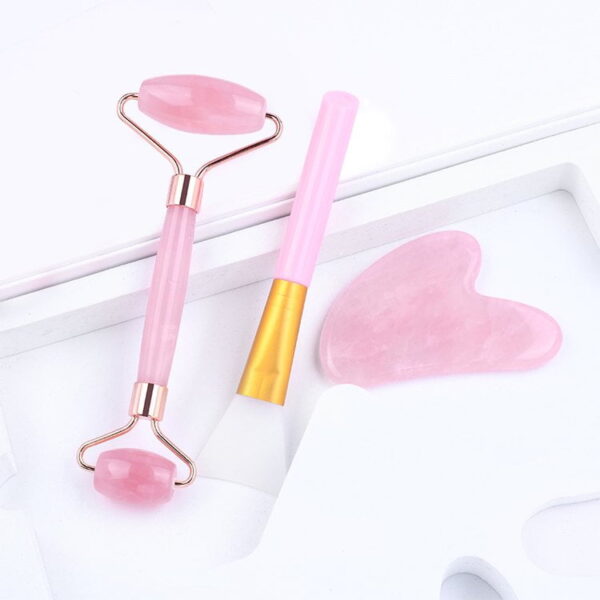 Rose Quartz Jade Roller Gua Sha Set with Mask Brush for Face Beauty Massage - Image 3
