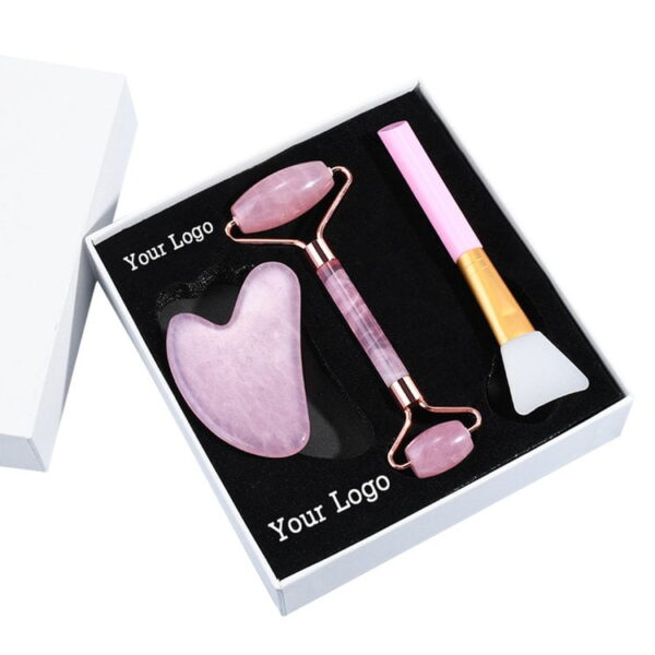 Rose Quartz Jade Roller Gua Sha Set with Mask Brush for Face Beauty Massage - Image 2