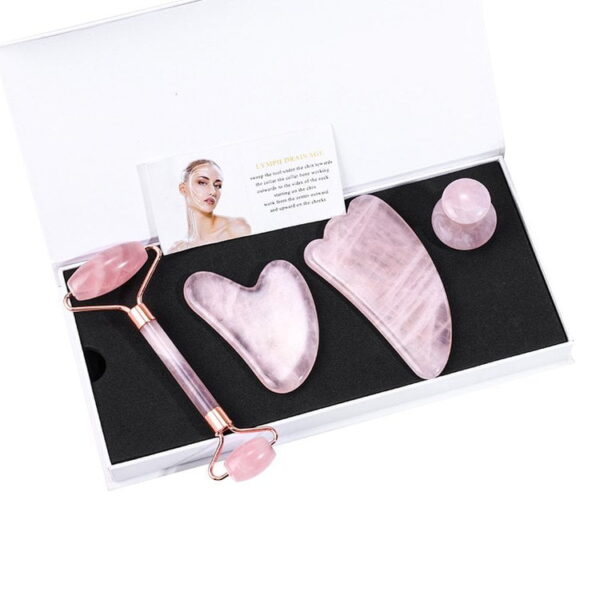 Rose Quartz Roller Gua Sha Stone Set Jade Roller and Finger Shaped Guasha Scraper - Image 6