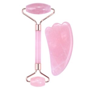 Rose Quartz Roller and Heart Shaped Gua Sha Stone Massage kit