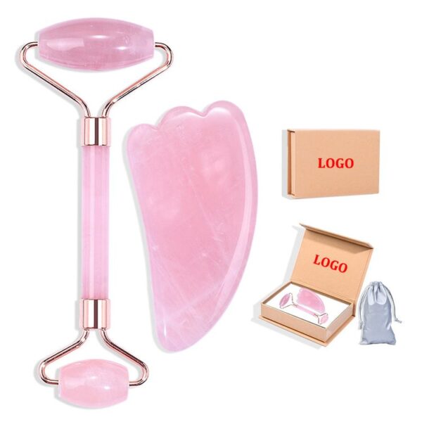 Rose Quartz Roller and Heart Shaped Gua Sha Stone Massage kit - Image 3