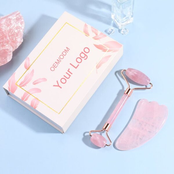 Rose Quartz Roller and Heart Shaped Gua Sha Stone Massage kit - Image 4