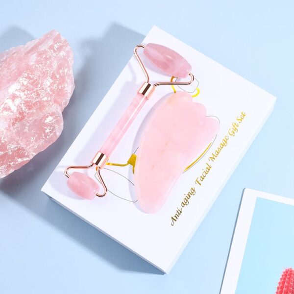Rose Quartz Roller and Heart Shaped Gua Sha Stone Massage kit - Image 5
