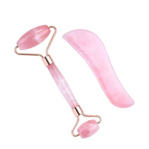 Rose Quartz Roller and S Shaped Guasha Scraping Tools for Face Massage