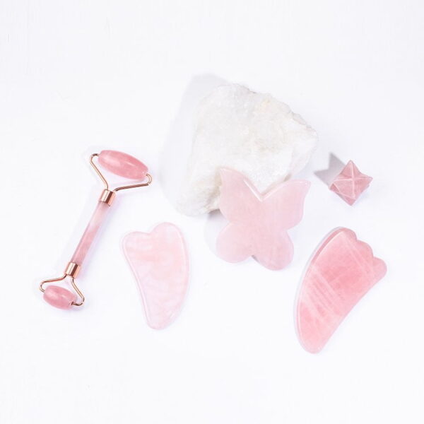 Rose Quartz Roller and S Shaped Guasha Scraping Tools for Face Massage - Image 3
